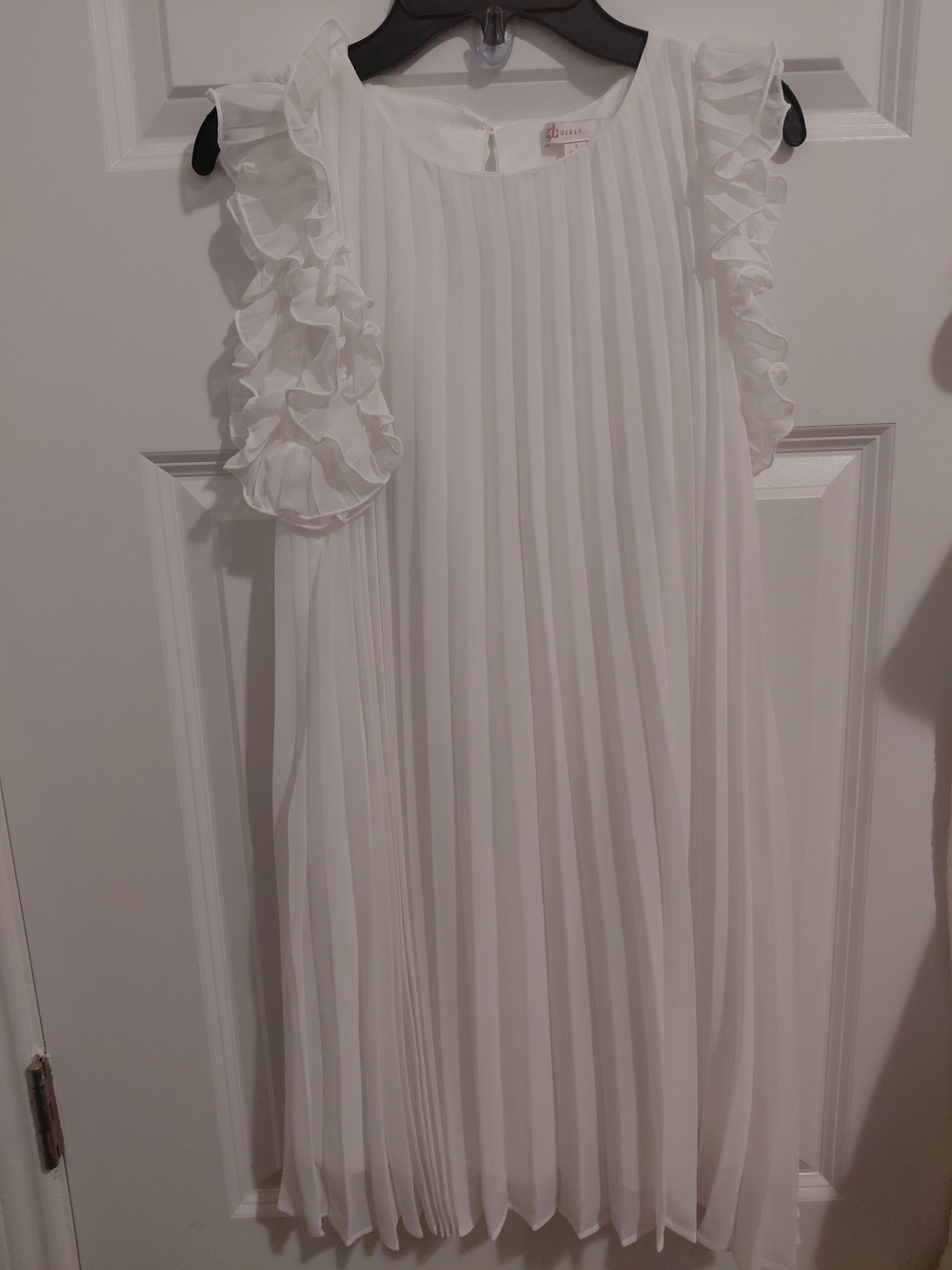 Girls White Pleated Ruffle-Sleeve Formal Dress